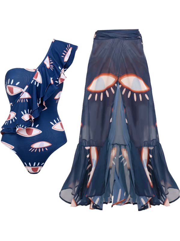 One-Shoulder Ruffled Eye-Print Swimsuit