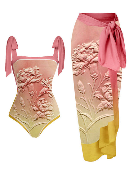 Fashion Vintage Floral Design Gradient One Piece Swimsuit and Cover Up