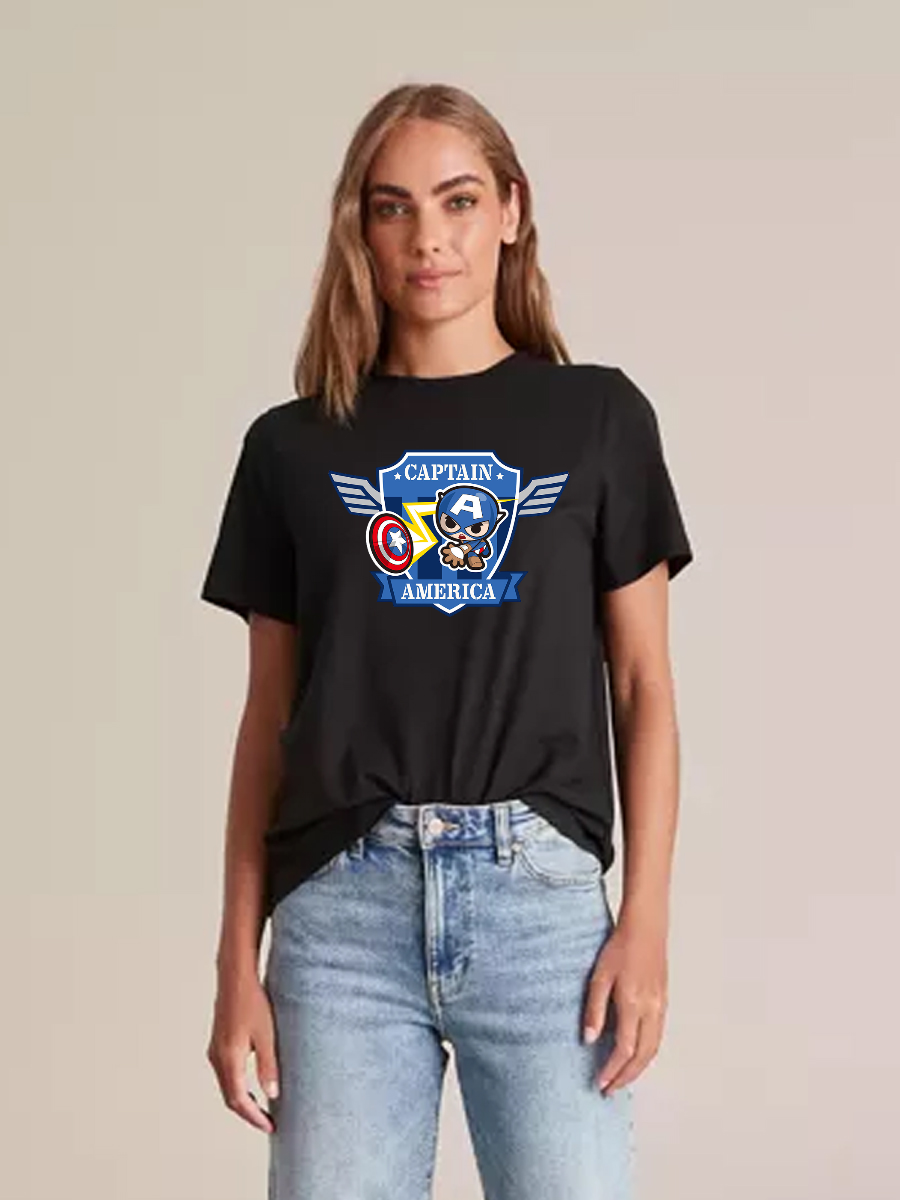 Women's Casual Little Captain America Printed Round Neck Short Sleeve T-Shirt