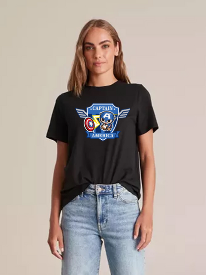 Women's Casual Little Captain America Printed Round Neck Short Sleeve T-Shirt