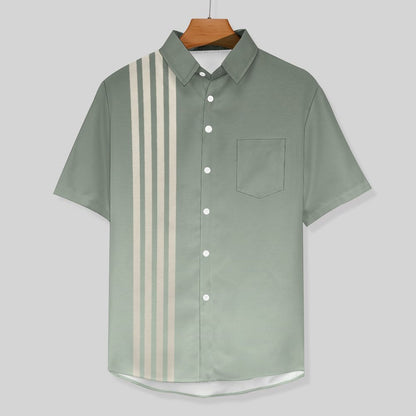 Men's Gradient Color Striped Print Front Button Soft Breathable Chest Pocket Casual Shirt