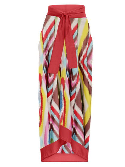 Fashion Colorblock Print Bikini Set And Skirt