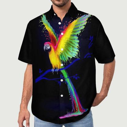 Cotton Parrot Print Breast Pocket Short Sleeve Resort Shirt 2305107204