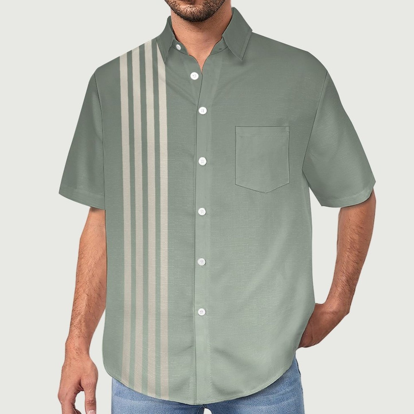 Men's Gradient Color Striped Print Front Button Soft Breathable Chest Pocket Casual Shirt