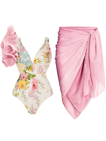 Fashion Floral Print Ruffle One-Piece Swimsuit Set