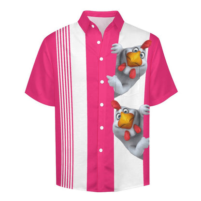 Happy Rooster Chest Pocket Short Sleeve Faux Linen Shirt Men's Vacation Hawaiian Shirt