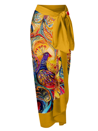 Deep V Vintage Abstract Print One-Piece Swimsuit Set