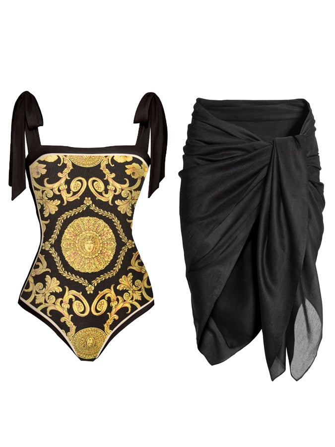 Vintage Print One-Piece Swimsuit and Cover Up