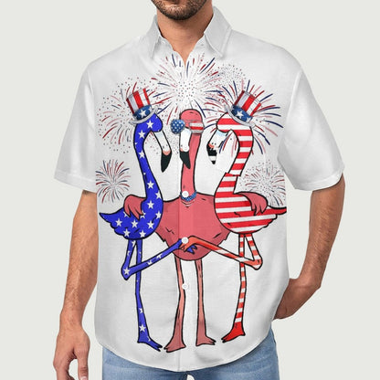 Independence Day Flag Flamingo Breast Pocket Short Sleeve Shirt 2306100689
