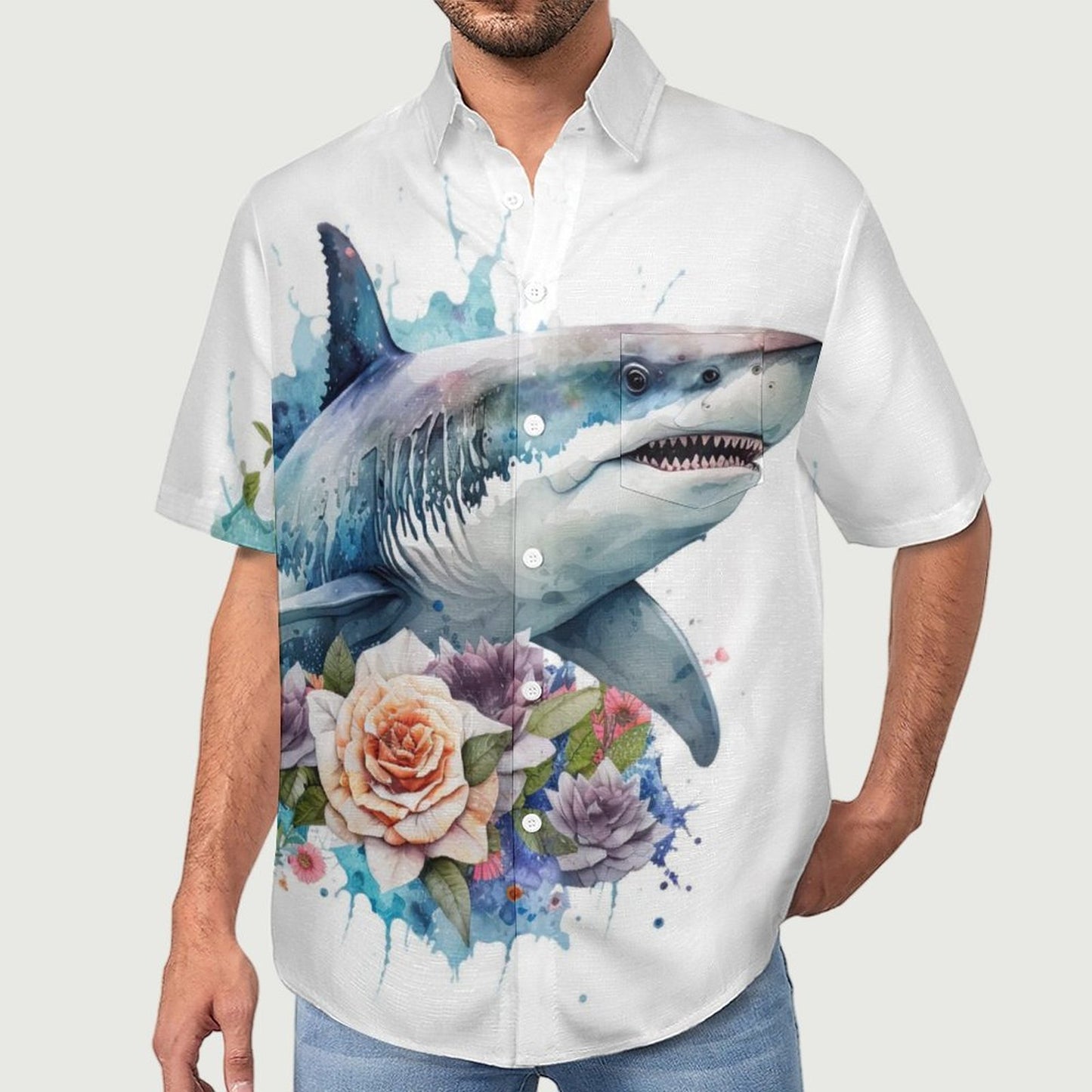 Men's Shark Painted Art Print Vacation Hawaiian Shirt