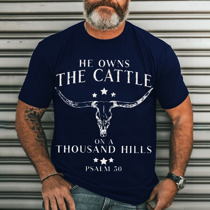 He Owns the Cattle on a Thousand Hills Men's Casual Printed T-Shirt