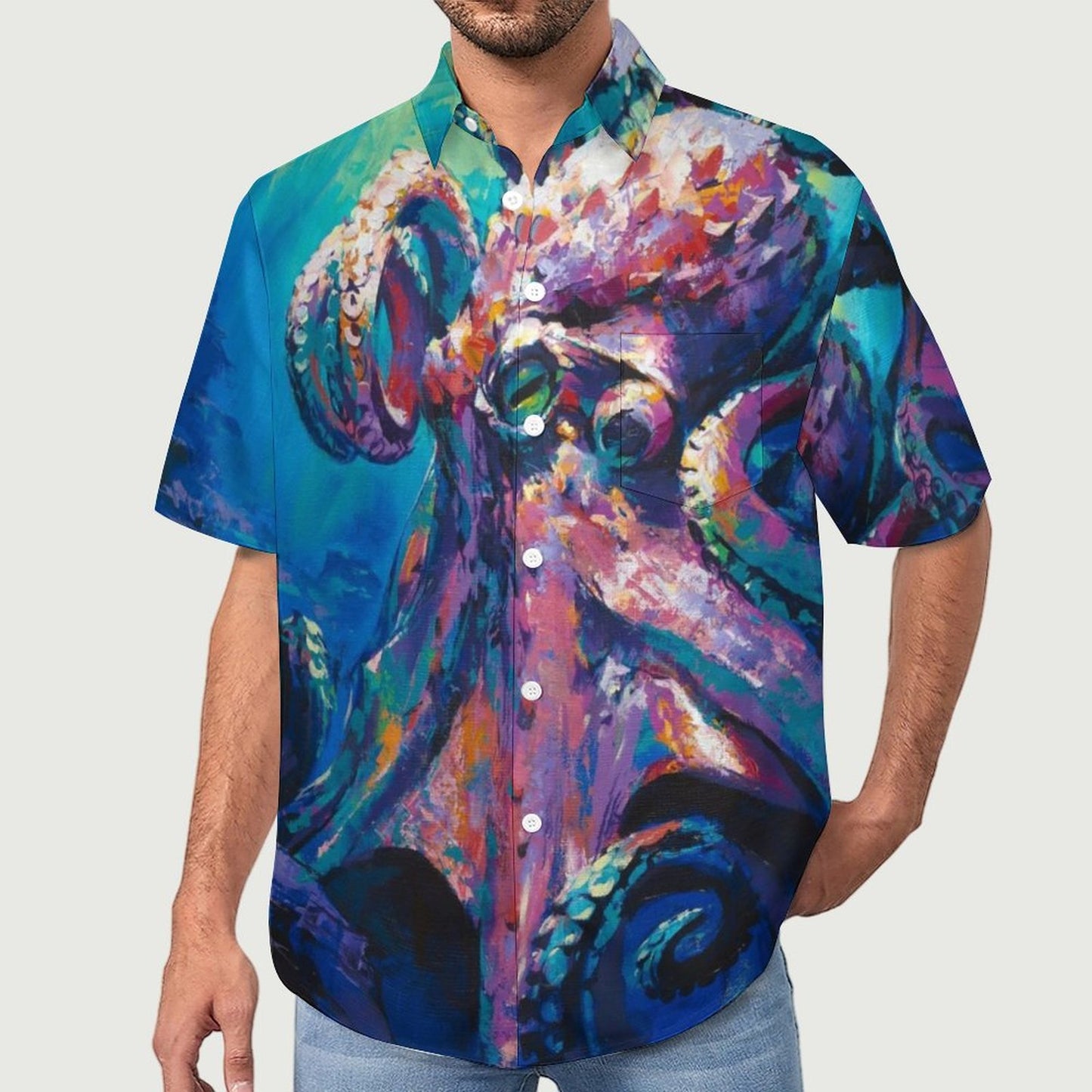 Men's Oil Painting Art Octopus Print Vacation Hawaiian Shirt 2305106499
