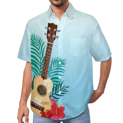 Cotton Linen Guitar Breast Pocket Short Sleeve Vacation Shirt 2305107205