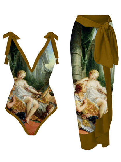 Vintage Oil Painting Print One Piece Swimsuit