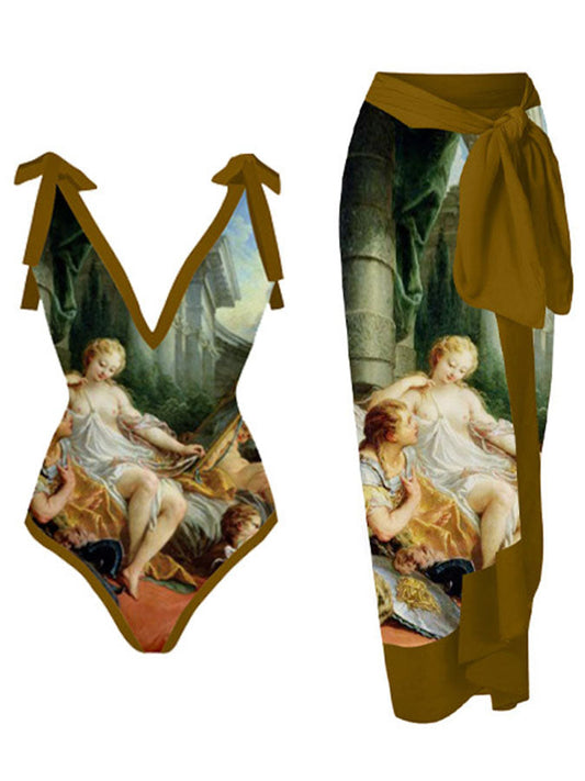 Vintage Oil Painting Print One Piece Swimsuit