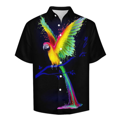Cotton Parrot Print Breast Pocket Short Sleeve Resort Shirt 2305107204