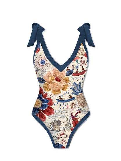 Vintage Floral Geometric Print One Piece Swimsuit And Cover Up