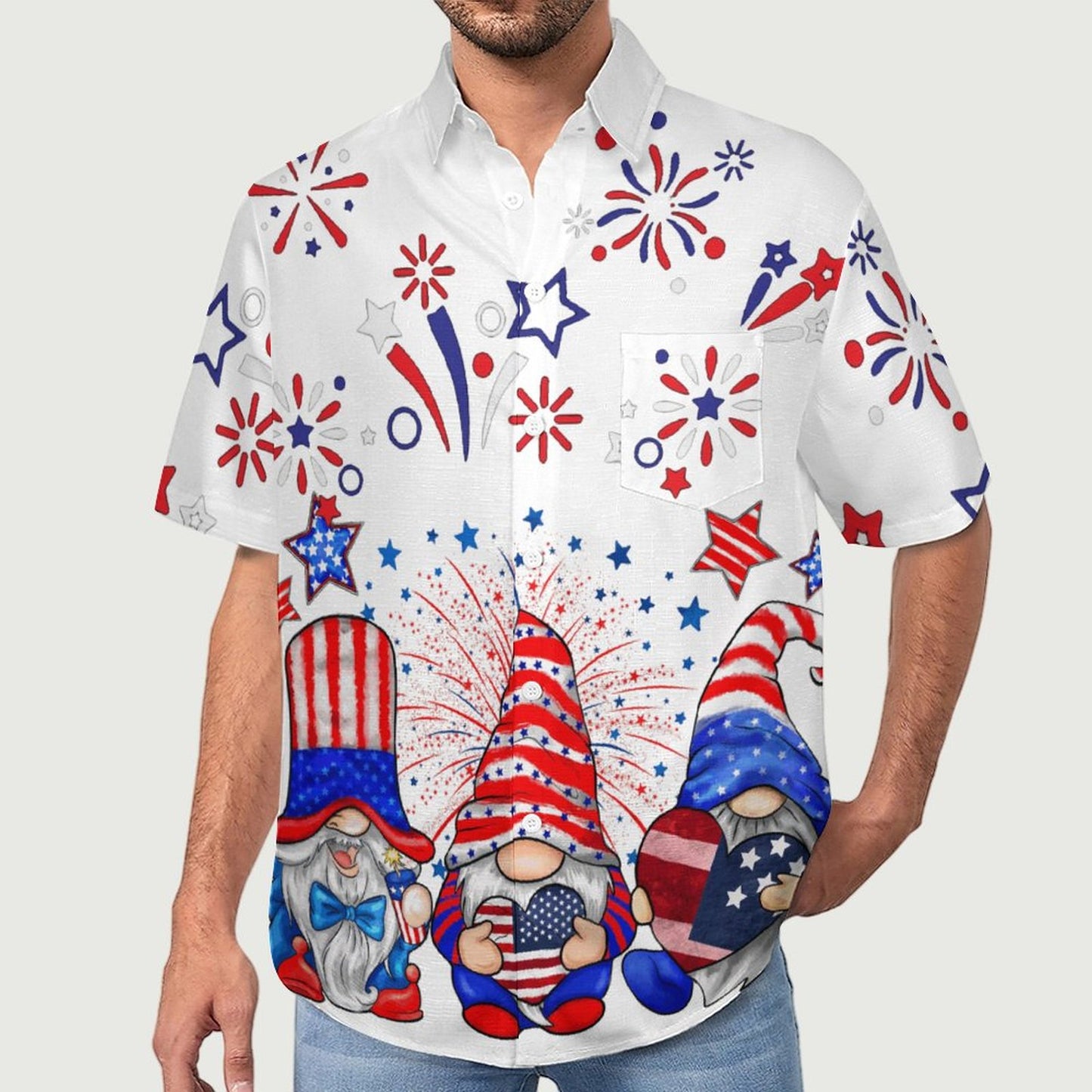 Independence Day Flag Midget Chest Pocket Linen Short Sleeve Shirt 2306101233
