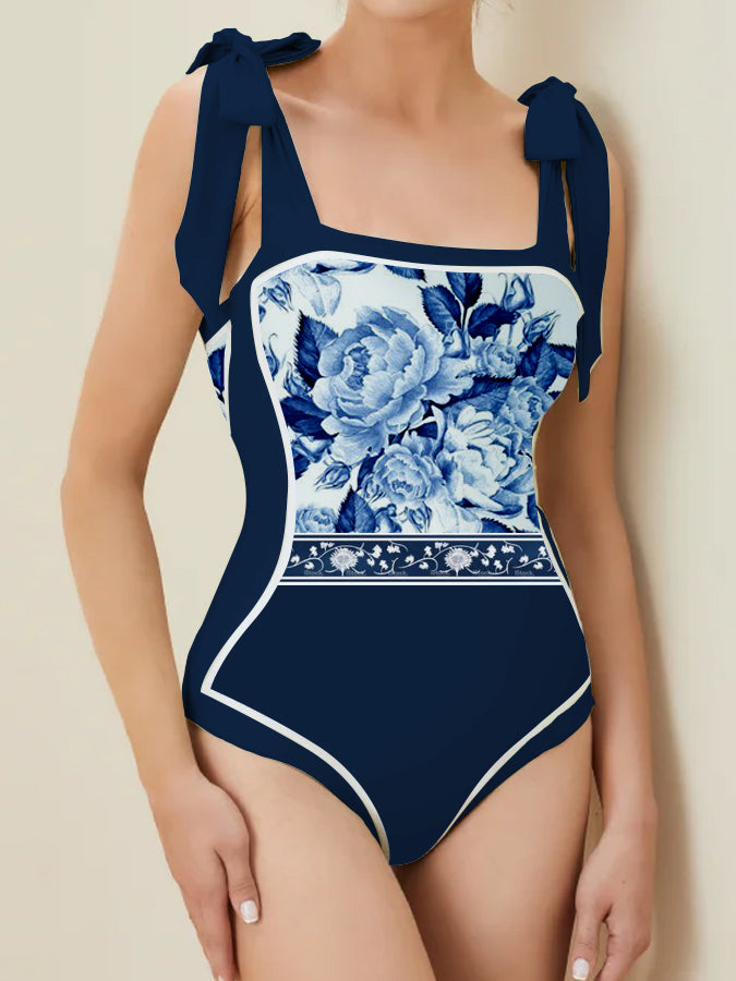 Blue and White Porcelain Print Color Block One-Piece Swimsuit And Cover Up
