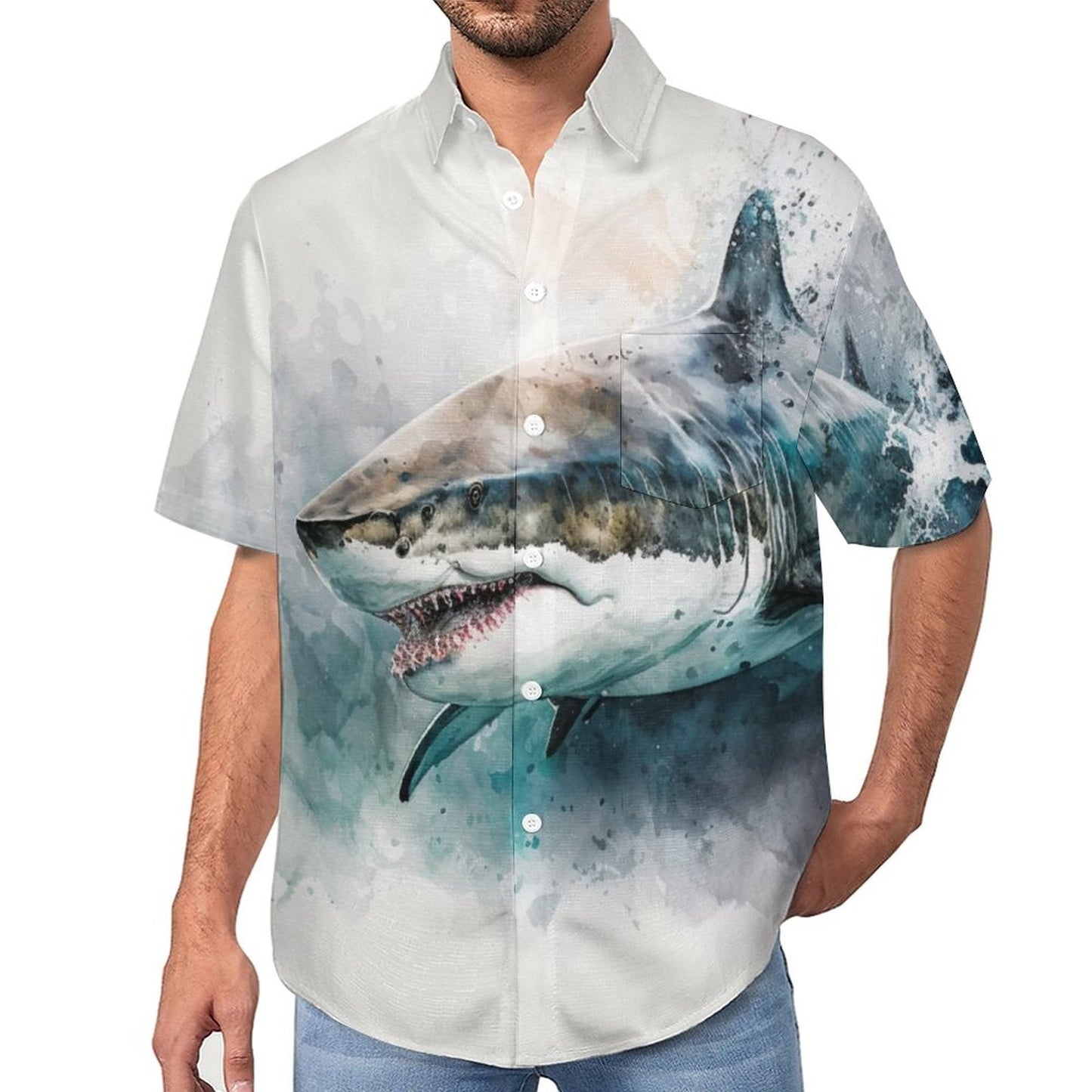 Men's Shark Painted Art Print Vacation Hawaiian Shirt
