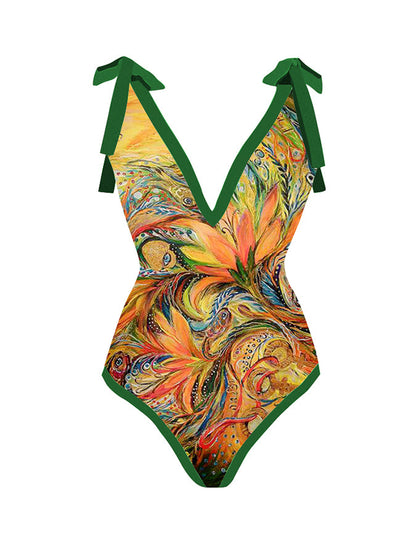 Fashion Print Tie One Piece Swimsuit
