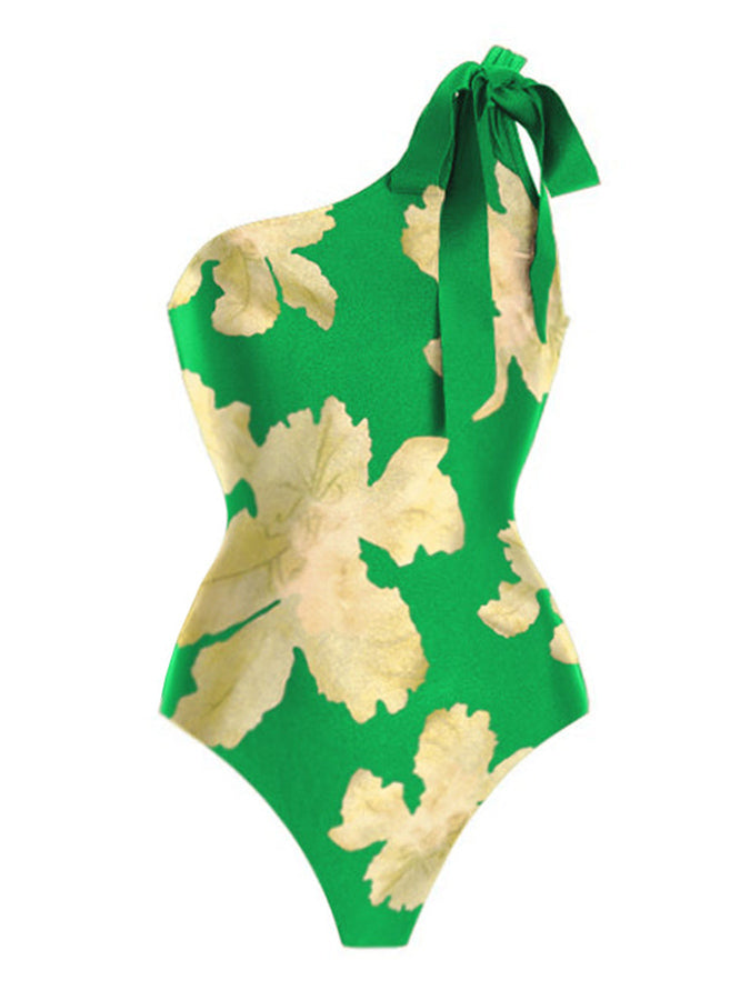One Shoulder Floral Print One Piece Swimsuit and Cover Up