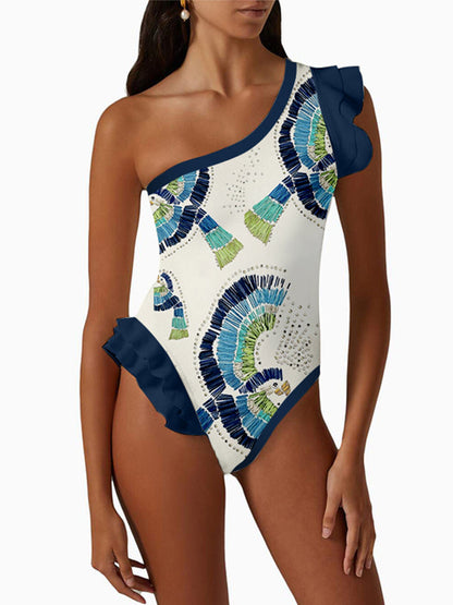One-Shoulder Ruffle Print One-Piece Swimsuit Set