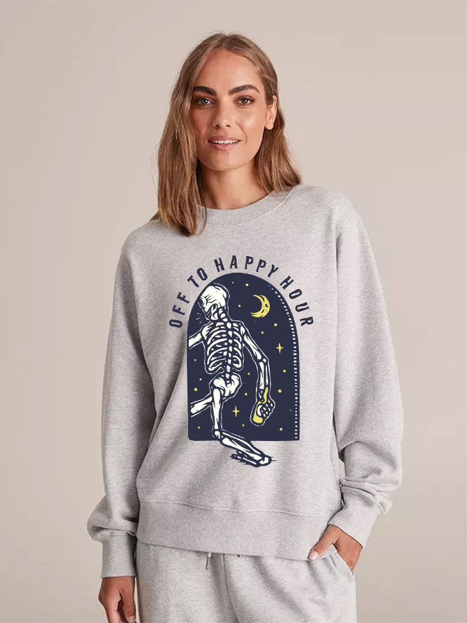 Unisex Round Neck Casual Skeleton Printed Long Sleeve Sweatshirt