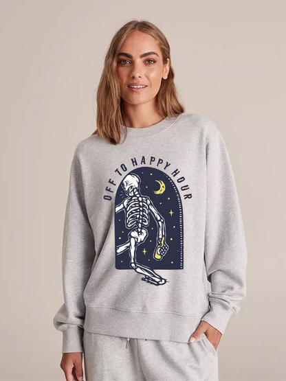 Unisex Round Neck Casual Skeleton Printed Long Sleeve Sweatshirt