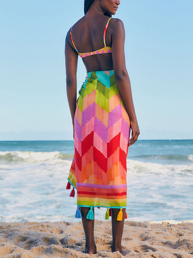 Fashion Rainbow Colorblock Beach Bikini Fringe Set