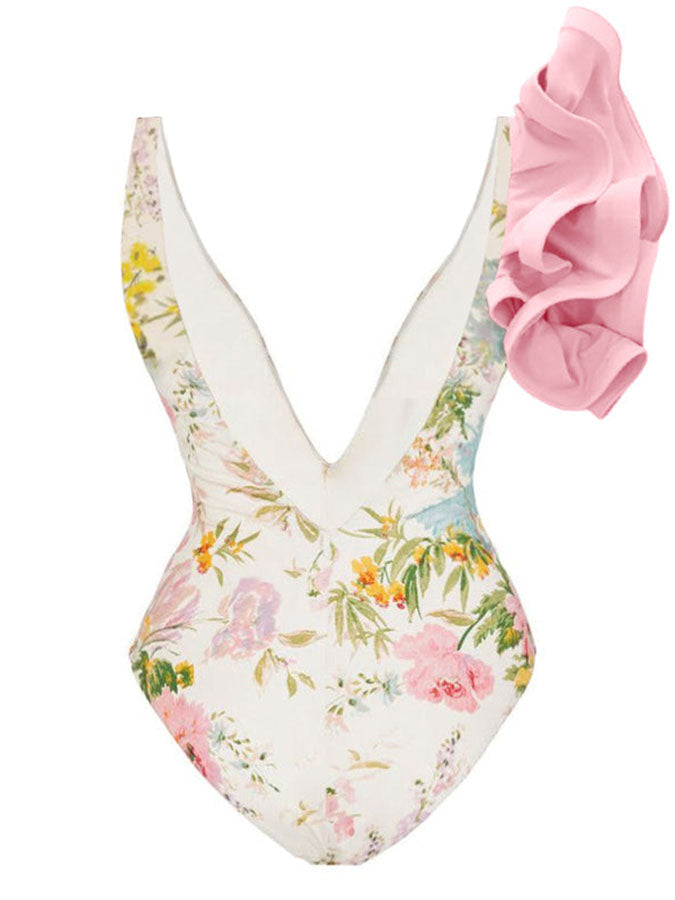 Fashion Floral Print Ruffle One-Piece Swimsuit Set
