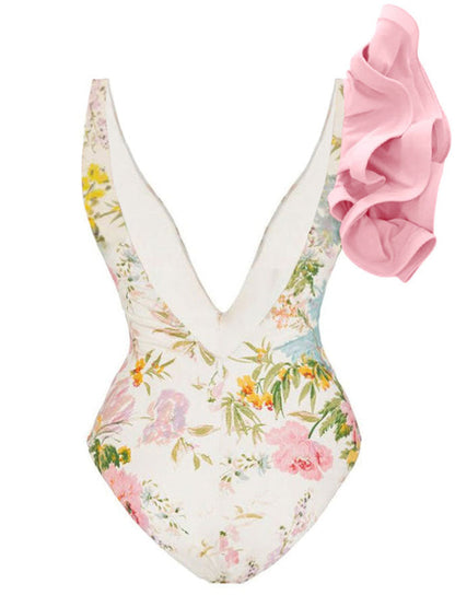 Fashion Floral Print Ruffle One-Piece Swimsuit Set