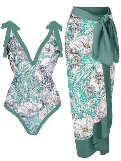 Printed Lace-Up One Piece Swimsuit & Cover up