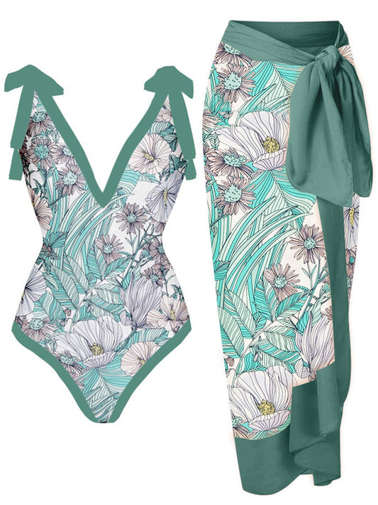 Printed Lace-Up One Piece Swimsuit & Cover up