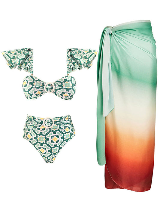 Fashion Floral Print Ruffle Bikini and Cover Up