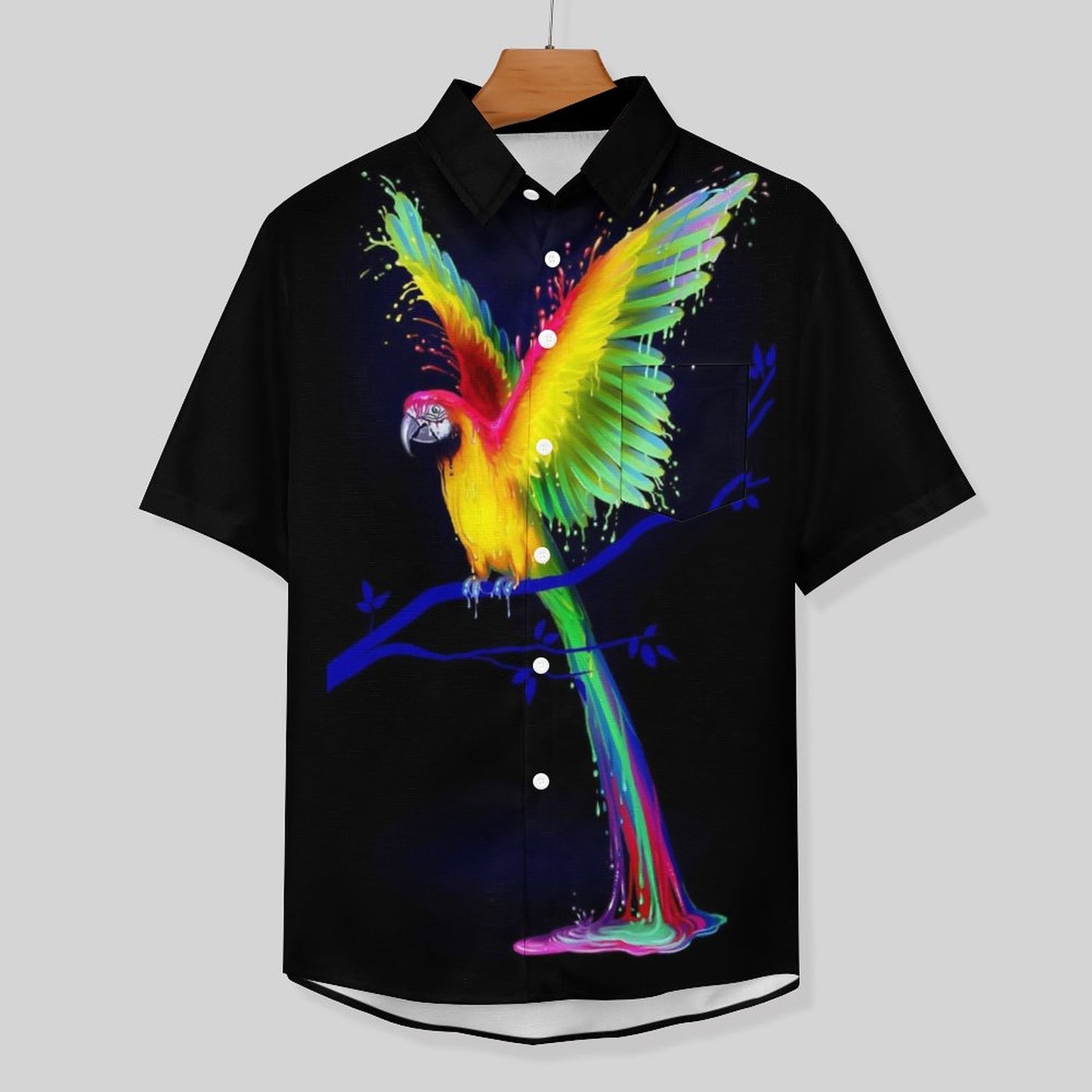 Cotton Parrot Print Breast Pocket Short Sleeve Resort Shirt 2305107204