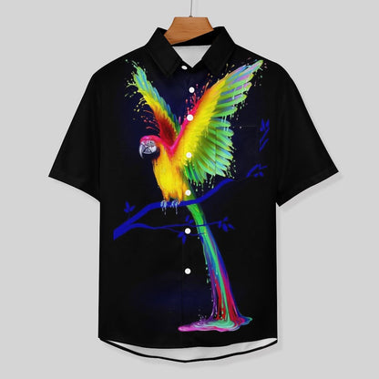 Cotton Parrot Print Breast Pocket Short Sleeve Resort Shirt 2305107204