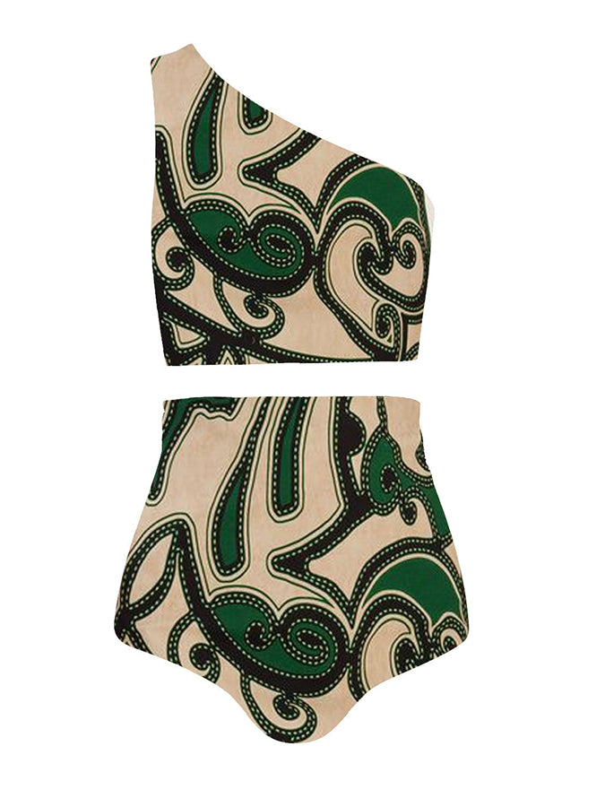 Fashion Printed One Shoulder High Waist One Piece Swimsuit