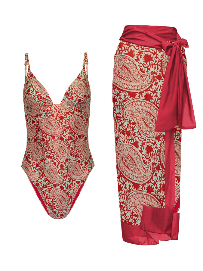 Vintage Print One Piece Swimsuit And Cover Up