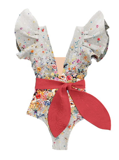 Ruffled Floral Print Colorblock One-Piece Swimsuit and Cover-up