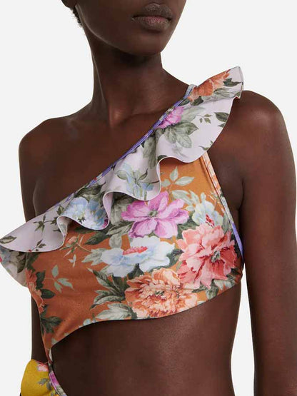 Fashion Colorblock Floral Print Ruffle One-Piece Swimsuit
