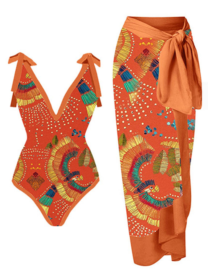 Deep V Print One Piece Swimsuit and Cover Up