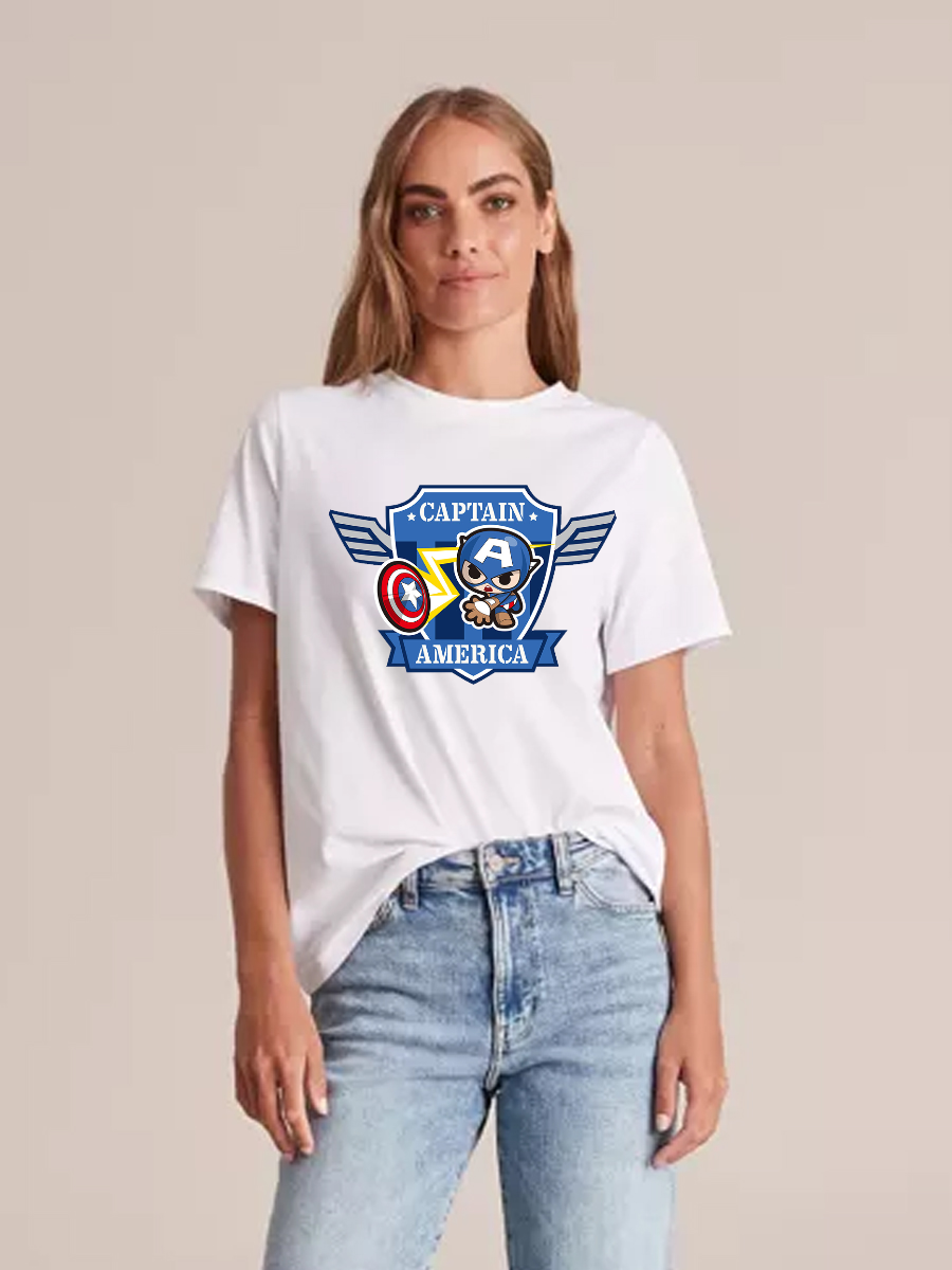 Women's Casual Little Captain America Printed Round Neck Short Sleeve T-Shirt