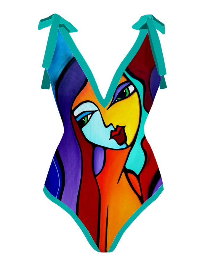 Fashion Colorblock Abstract Print One-Piece Swimsuit Set