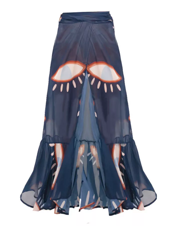 One-Shoulder Ruffled Eye-Print Swimsuit