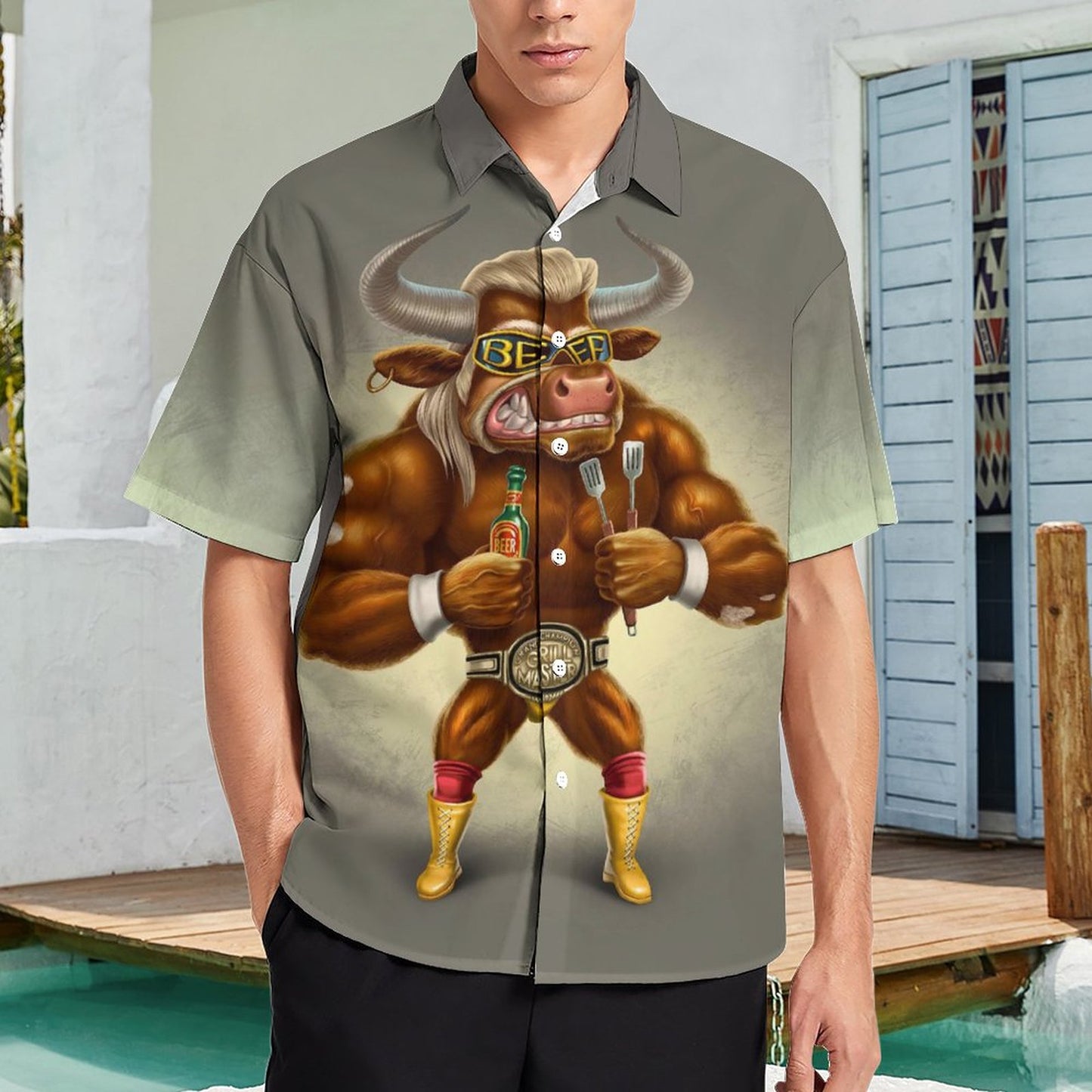 Bull Gradient Print Hawaiian Men's Casual Shirt