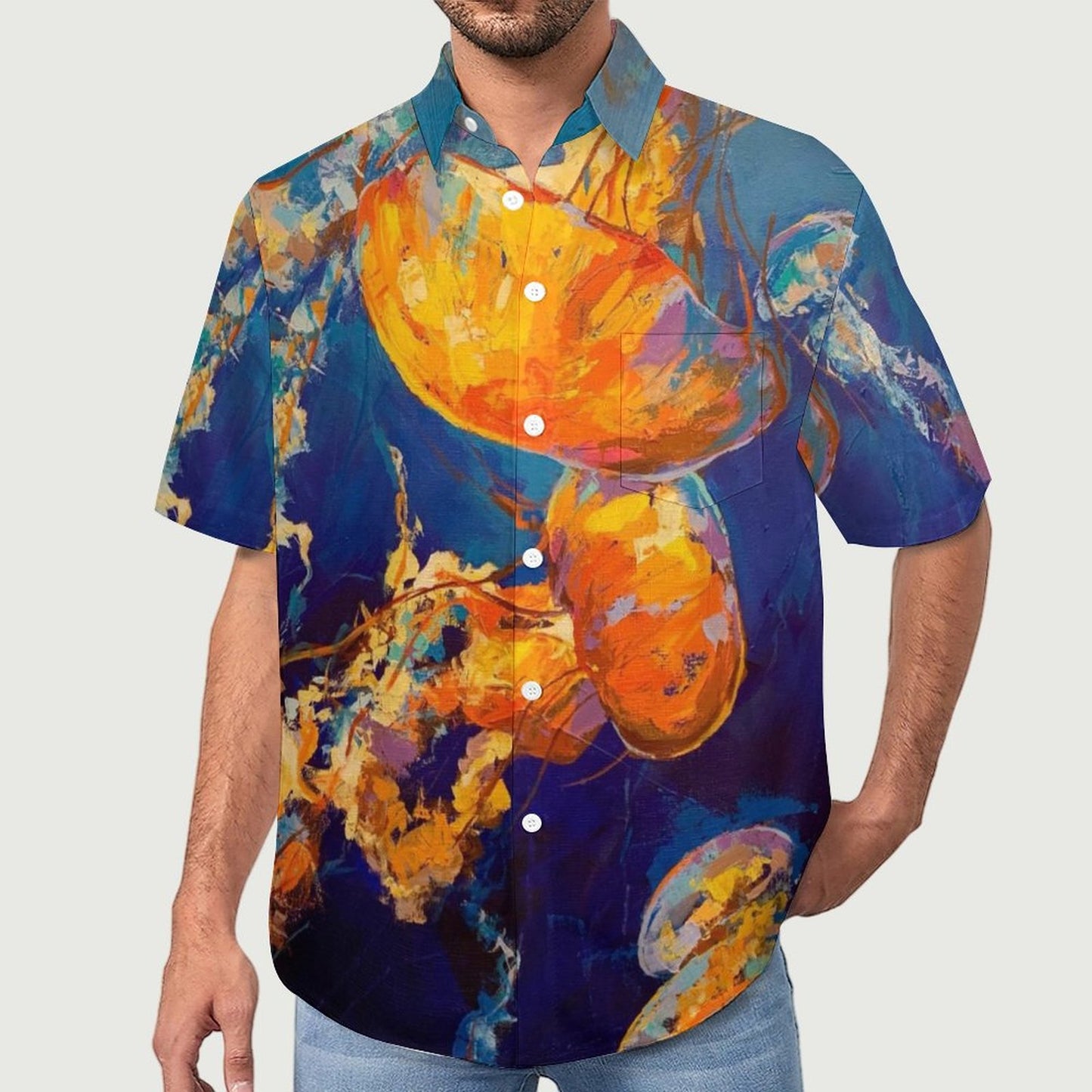 Men's Oil Painting Art Jellyfish Print Vacation Hawaiian Shirt 2305106500