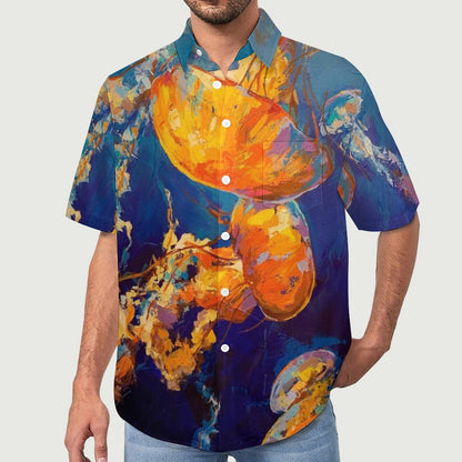 Men's Oil Painting Art Jellyfish Print Vacation Hawaiian Shirt 2305106500