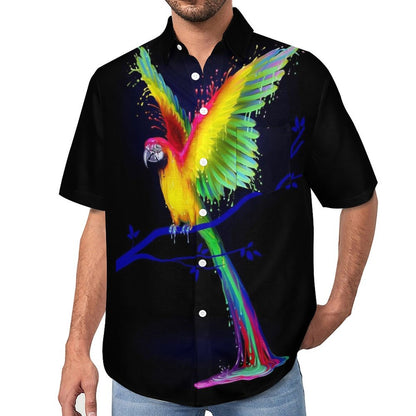 Cotton Parrot Print Breast Pocket Short Sleeve Resort Shirt 2305107204
