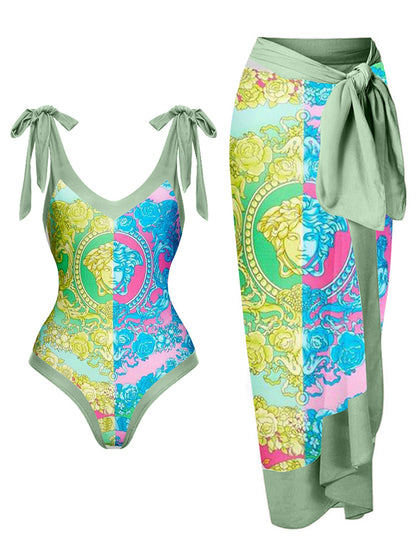 Fashion Print Lace Up One Piece Swimsuit